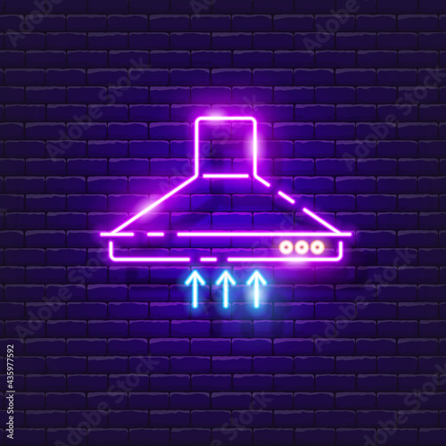 Kitchen hood neon sign. Vector illustration for design. Ventilation concept. Glowing icon of household appliances for the kitchen.