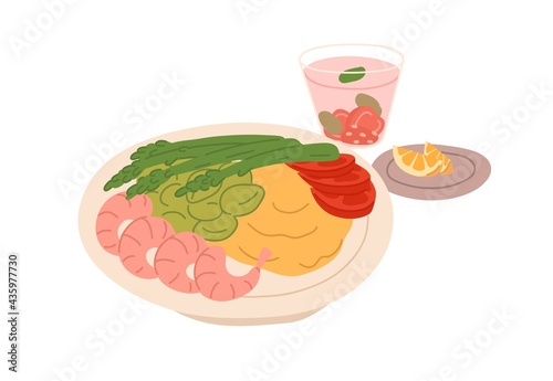Healthy balanced food and drink for lunch or dinner. Bowl with shrimps, asparagus, tomatoes, chickpea puree, and berry lemonade glass. Colored flat vector illustration isolated on white background