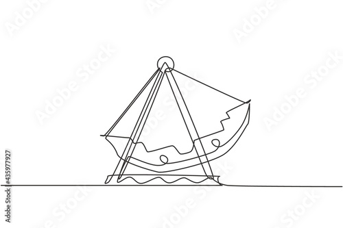 Continuous one line drawing large swing boat in an amusement park driven by an engine in outdoor land. Fun kids play on funfair festival concept. Single line draw design vector graphic illustration.