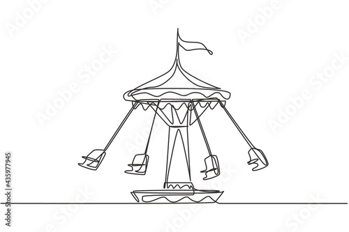 Continuous one line drawing wave swinger in the amusement park with four seats and a flag above. The passengers can swing around in the sky. Single line drawing design, vector graphic illustration.