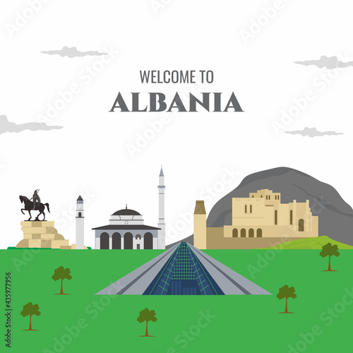 Vector flat cartoon Albania landmark building. Welcome to Albania. Tirana tourist attractions. Design elements for banner, infographic poster, business travel and tour guide.