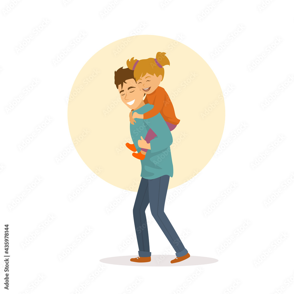 father and daughter playing,having fun, girl sitting on dads back shoulders, happy parenthood, fathers day scene illustration father and daughter playing,having fun, girl sitting on dads back shoulders, happy parenthood, fathers day scene illustration