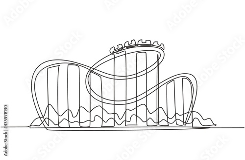 Single continuous line drawing of a roller coaster in amusement park with a track high into the sky. The passenger screamed while moving at high speed. One line draw graphic design vector illustration