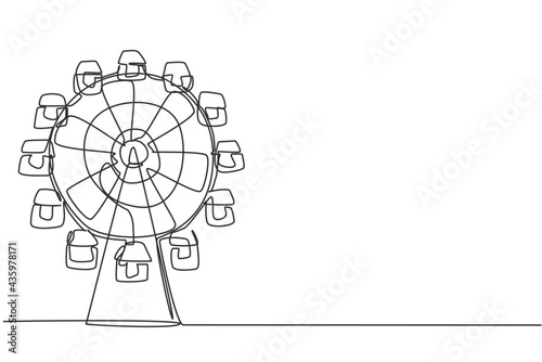 Single one line drawing of a ferirs wheel in an amusement park, a circular circle turning high in the sky. Festival play ride concept. Modern continuous line draw design graphic vector illustration