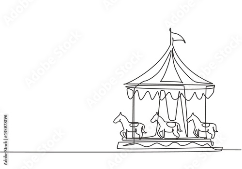 Single continuous line drawing of a horse carousel in an amusement park spinning in a circle under a striped tent with a flag on it. Play on funfair. One line draw graphic design vector illustration.