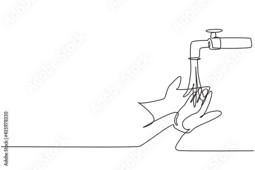 Single one line drawing of washing hands with clean water spilled from the tap to protection hands from germs, bacteria and viruses. Modern continuous line draw design graphic vector illustration.