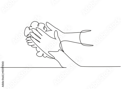 Continuous one line drawing twelve steps hand washing by rubbing your palms with soap and running water. Early prevention against the corona virus. Single line draw design vector graphic illustration.
