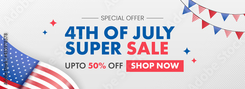 4th Of July Super Sale Header Or Banner Design With 50% Discount Offer And American Flag On Gray Background.