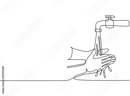 Continuous one line drawing of washing hands with clean water spilled from the tap to protection hands from germs, bacteria, viruses. Flowing water. Single line draw design vector graphic illustration