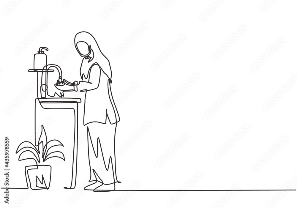 Continuous one line drawing a woman in a hijab washes her hands in the sink, there is a soap dish near the faucet and pot of plants under the sink. Single line draw design vector graphic illustration.