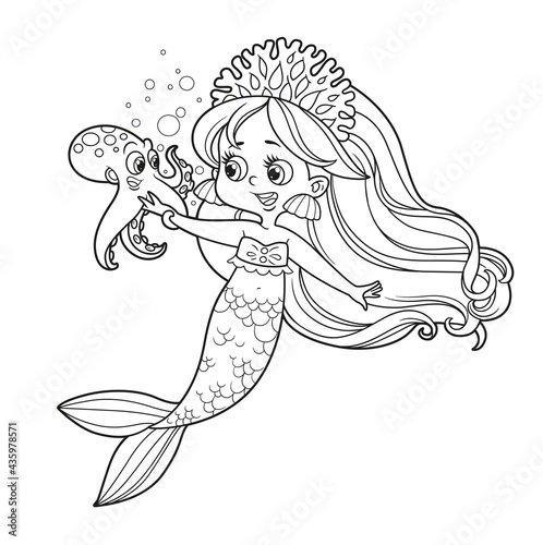 Cute little mermaid girl in coral tiara talks with a small octopus outlined for coloring page isolated on white background