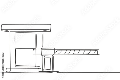 Single continuous line drawing a striped barrier gate with guard posts, guarding the entrance to the most important offices in the nation's capital. One line draw graphic design vector illustration. photo