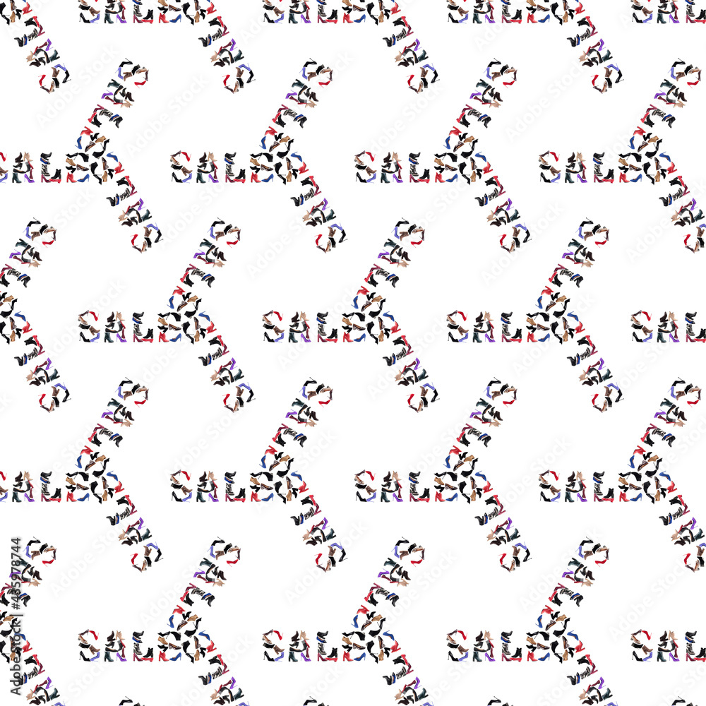 Pattern made from photographs of women`s shoes. With the word Sale. Pattern made from photographs of women`s shoes. With the word Sale.