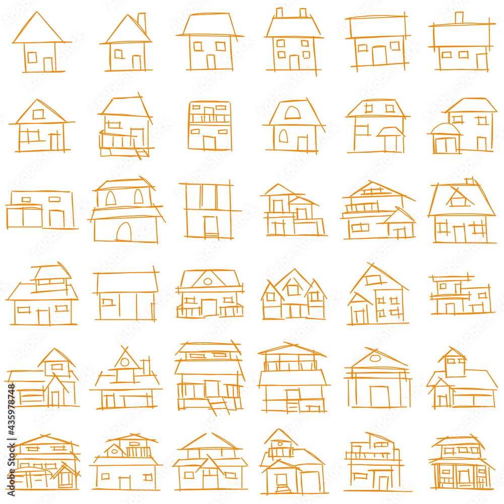 House icon set of rough line art, simple, orange