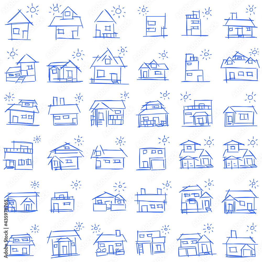 House icon set of rough line art, sun, blue