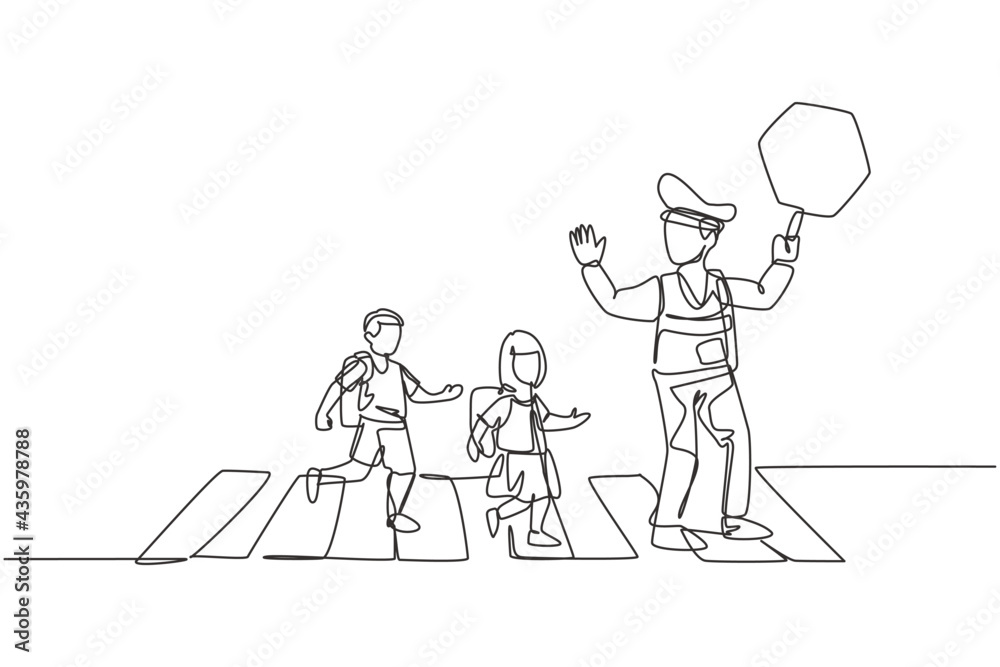 Continuous one line drawing of primary school students crossing the road on the zebra crossing are helped by traffic police holding stop signs. Single line draw design vector graphic illustration.