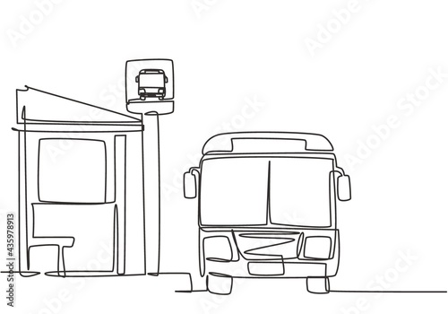 Single one line drawing of bus stop with shelter, simple bus sign and a bus waiting for passengers to get on and off, then continue the journey. Continuous line draw design graphic vector illustration