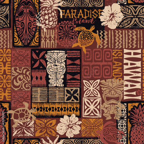 Hawaiian style tribal motif fabric patchwork abstract vintage vector seamless pattern  photo