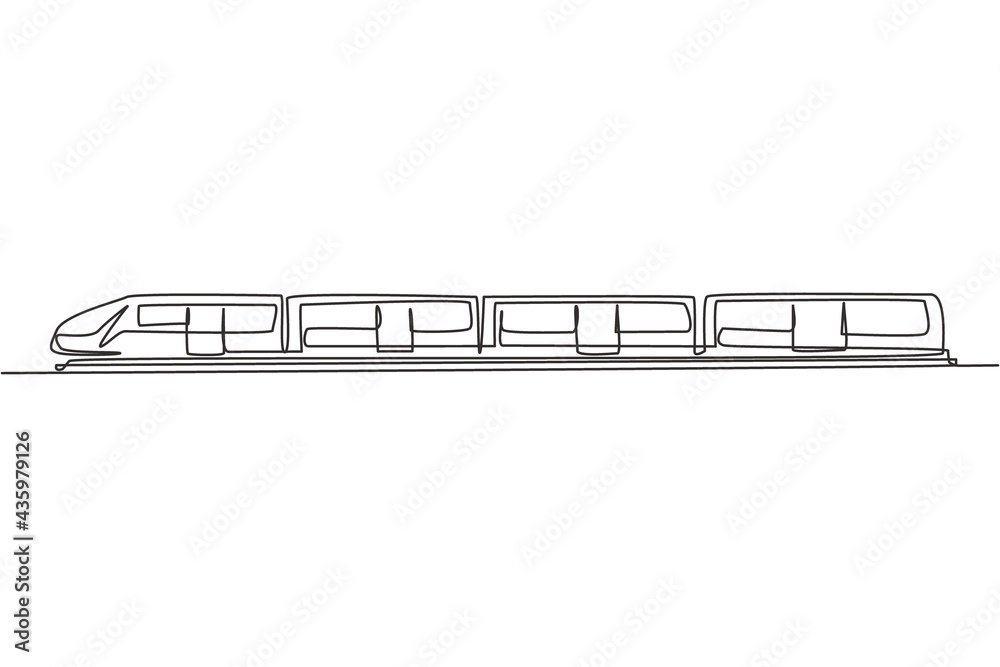 Continuous one line drawing bullet train speeding on the tracks carrying passengers who are on summer vacation.