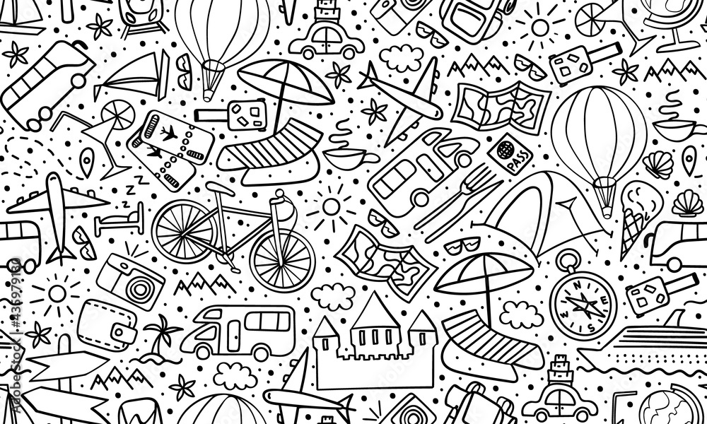 Travel doodles seamless pattern. Vacation print on white background. Vector illustration.