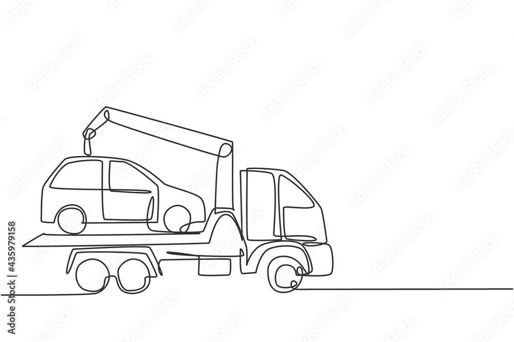 Single continuous line drawing tow truck is transporting a broken car on top of it with a crane. The car is taken to the garage for service. Dynamic one line draw graphic design vector illustration.