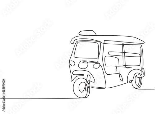 Single continuous line drawing Tuk Tuk Thailand is often used by tourists as a means of transportation to get around tourist attractions in Thailand. One line draw graphic design vector illustration.