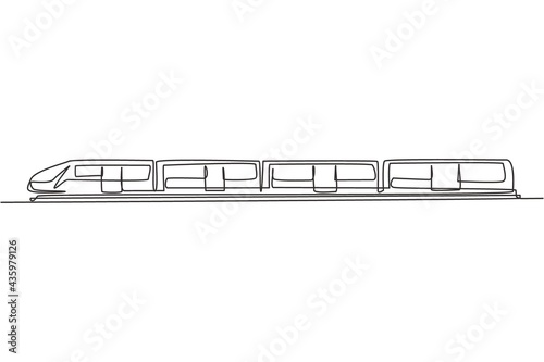 Continuous one line drawing bullet train speeding on the tracks carrying passengers who are on summer vacation.