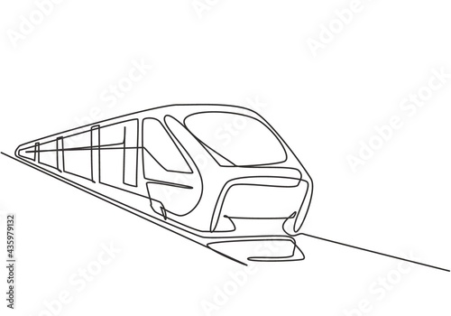Single one line drawing of train seen from the front prepares to carry passengers quickly, safely and comfortably to their destination. Modern continuous line draw design graphic vector illustration.