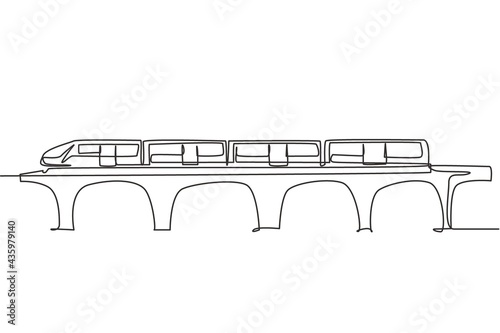 Single one line drawing of the bullet train that is passing on the bridge goes fast to deliver the passengers at the destination station. Modern continuous line draw design graphic vector illustration