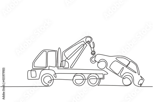 Continuous one line drawing tow truck is lifting the broken car to be lifted onto it using the crane. The car was damaged in a traffic accident. Single line draw design vector graphic illustration.
