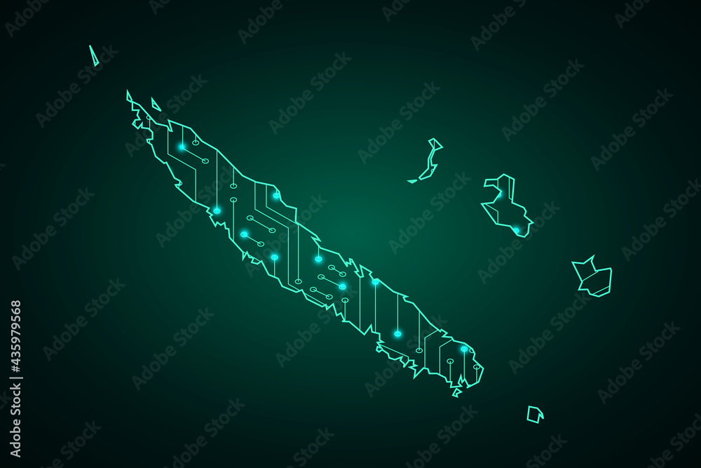 Map of New Caledonia, network line, design sphere, dot and structure on dark background with Map New Caledonia, Circuit board. Vector illustration. Eps 10