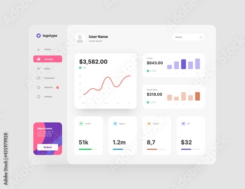 Dashboard Design. App interface with UI and UX elements. Use design for web application, desktop app or website.
