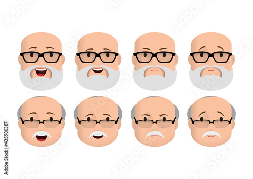 Faces icons. Old man character with different emotions.
