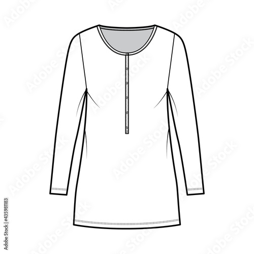 Dress henley collar technical fashion illustration with long sleeves, oversized body, mini length pencil skirt. Flat apparel front, white color style. Women, men unisex CAD mockup