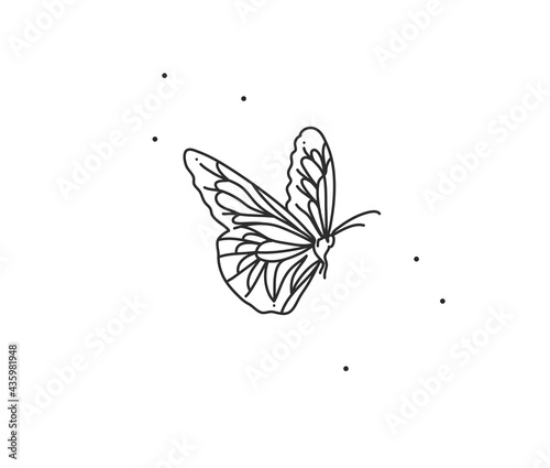 Hand drawn vector abstract stock flat graphic illustration with logo element,bohemian magic art of butterfly line art in simple style for branding,isolated on white background.Feminine logo concept