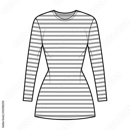 Dress sailor technical fashion illustration with stripes, long sleeves, fitted body, mini length pencil skirt. Flat apparel front, white color style. Women, men unisex CAD mockup