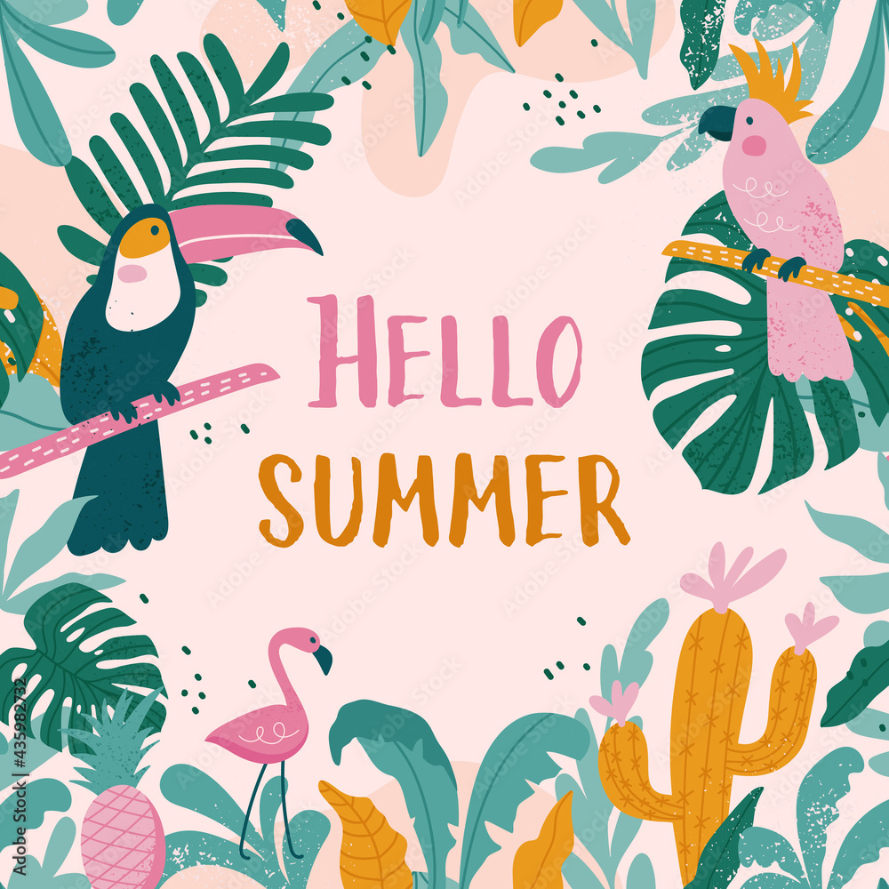 Summer holiday cards with toucans, flamingos, parrot, cactuses, exotic leaves in trendy style. Vector
