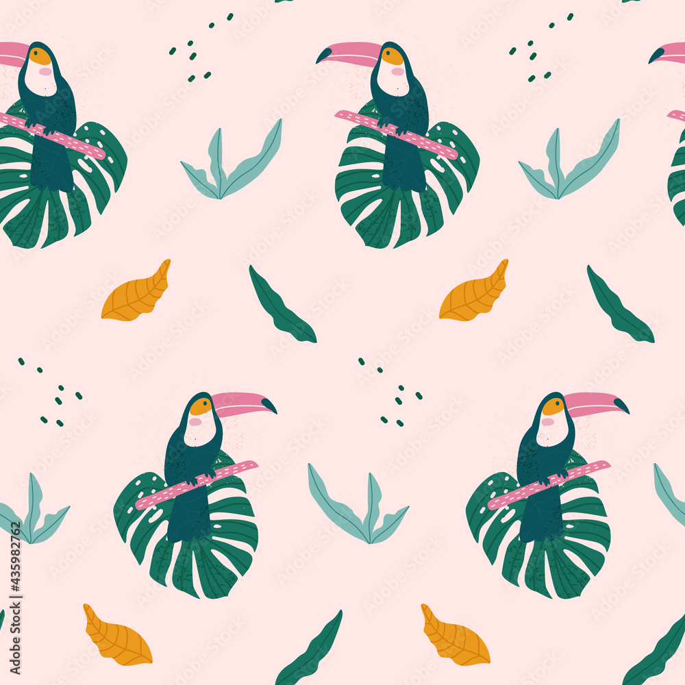 Obraz premium Tropical seamless pattern with toucan, exotic leaves. Vector
