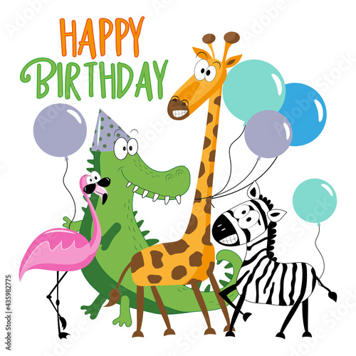 Happy Birthday- Birthday greeting cards with cute animals. Vector illustration.