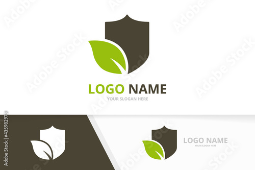 Organic shield logo combination. Security and leaf logotype design template.