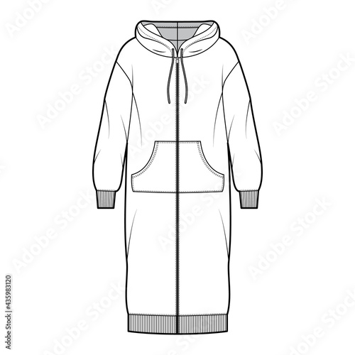 Dress zip-up hoody technical fashion illustration with long sleeves, kangaroo pouch, rib cuff oversized body, knee length skirt. Flat apparel front, white color style. Women, men unisex CAD mockup