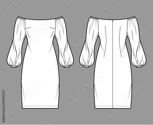 Dress off-the-shoulder Bardot technical fashion illustration with long puff sleeves, fitted body, knee length pencil skirt. Flat evening apparel front, back, white color style. Women, men CAD mockup