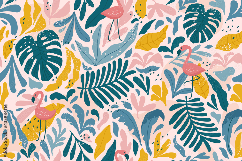 Tropical seamless pattern with flamingos, exotic leaves. Vector