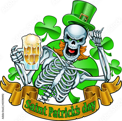 leprechaun skeleton with top hat and beer