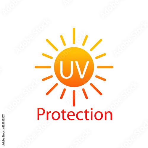 Concepto vacaciones de verano. Crema solar. Logotipo con texto UV Protection en sol en color naranja