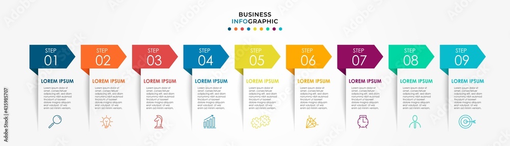Vector Infographic design business template with icons and 9 options or steps. Can be used for process diagram, presentations, workflow layout, banner, flow chart, info graph Vector Infographic design business template with icons and 9 options or steps. Can be used for process diagram, presentations, workflow layout, banner, flow chart, info graph