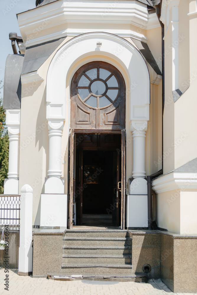 orthodox church. brown wooden door. entrance. High quality photo