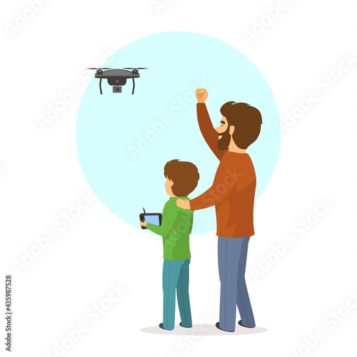 father and son flying piloting a drone isolated vector illustration scene