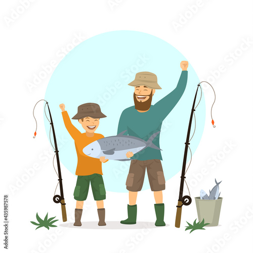 happy excited father and son fishing scene , isolated vector illustration