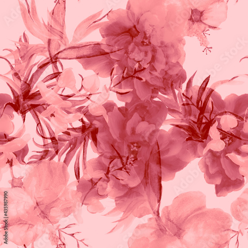 Blur Flower Foliage. Fuchsia Summer Illustration. Pastel Seamless Plant. Watercolor Print. Pattern Wallpaper. Floral Jungle. Exotic Set. Botanical Leaf. © Nima